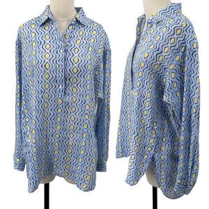 J McLaughlin Fallon Linen Blouse Long Sleeve Costa Key Print Blue Womens Medium